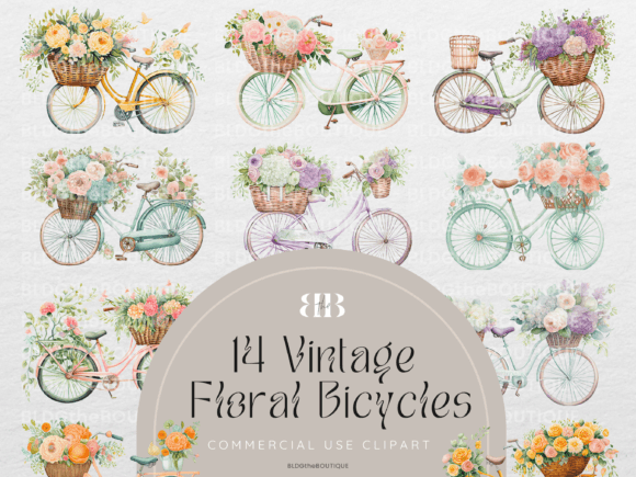 Floral Bicycle Watercolor Clipart PNG