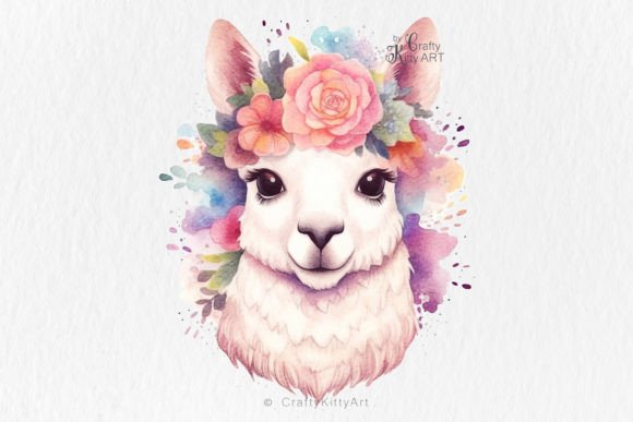 Floral Llama Watercolor PNG: Graphics & Illustrations