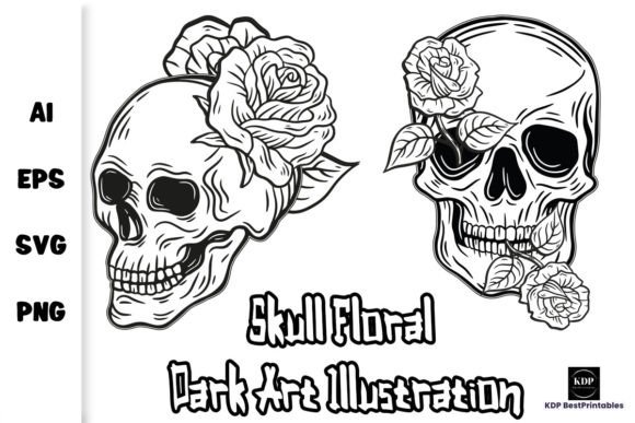 Skull Floral Dark Art Illustration V9: Graphics & Illustrations