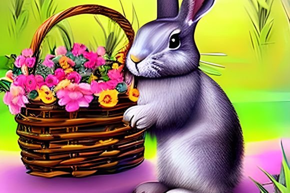 Watercolor Bunny in Floral Basket 2: Illustrations & Graphics