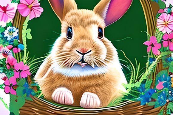 Watercolor Bunny in Floral Basket 7: Illustrations & Graphics