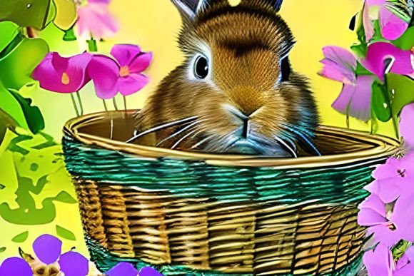 Watercolor Bunny in Floral Basket Graphics
