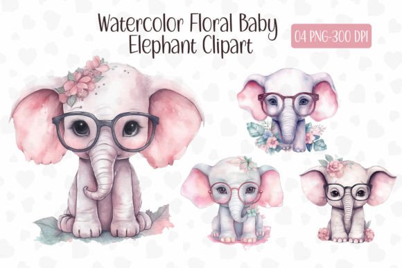 Watercolor Floral Baby Elephant Clipart: Graphics & Illustrations