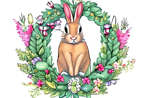 Watercolor Floral Bunny Wreath 1 Graphics