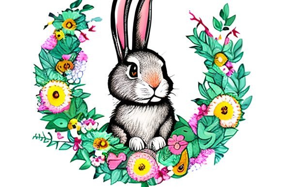 Watercolor Floral Bunny Wreath 5: Graphics & Illustrations