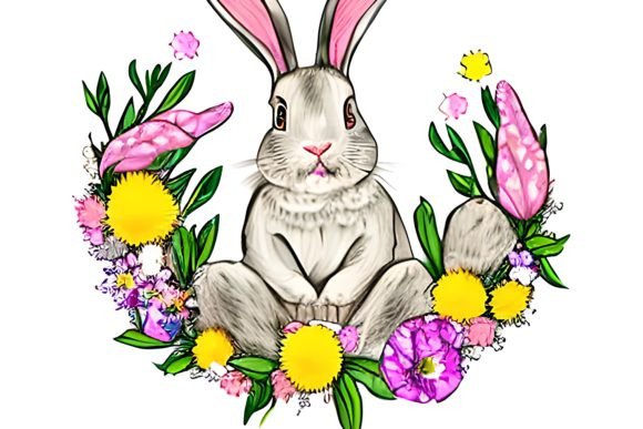 Watercolor Floral Bunny Wreath 8 Graphics