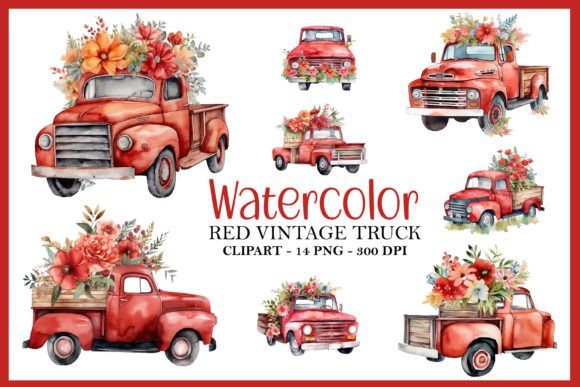 Watercolor Floral Red Truck Clipart: Graphics & Illustrations