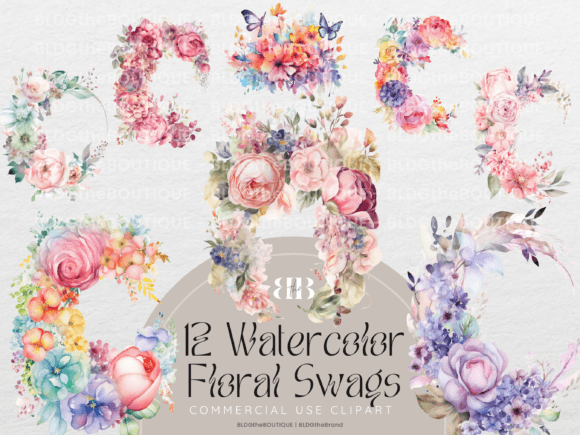 Watercolor Floral Swag Clipart PNG Files: Graphics & Illustrations for Local Branding